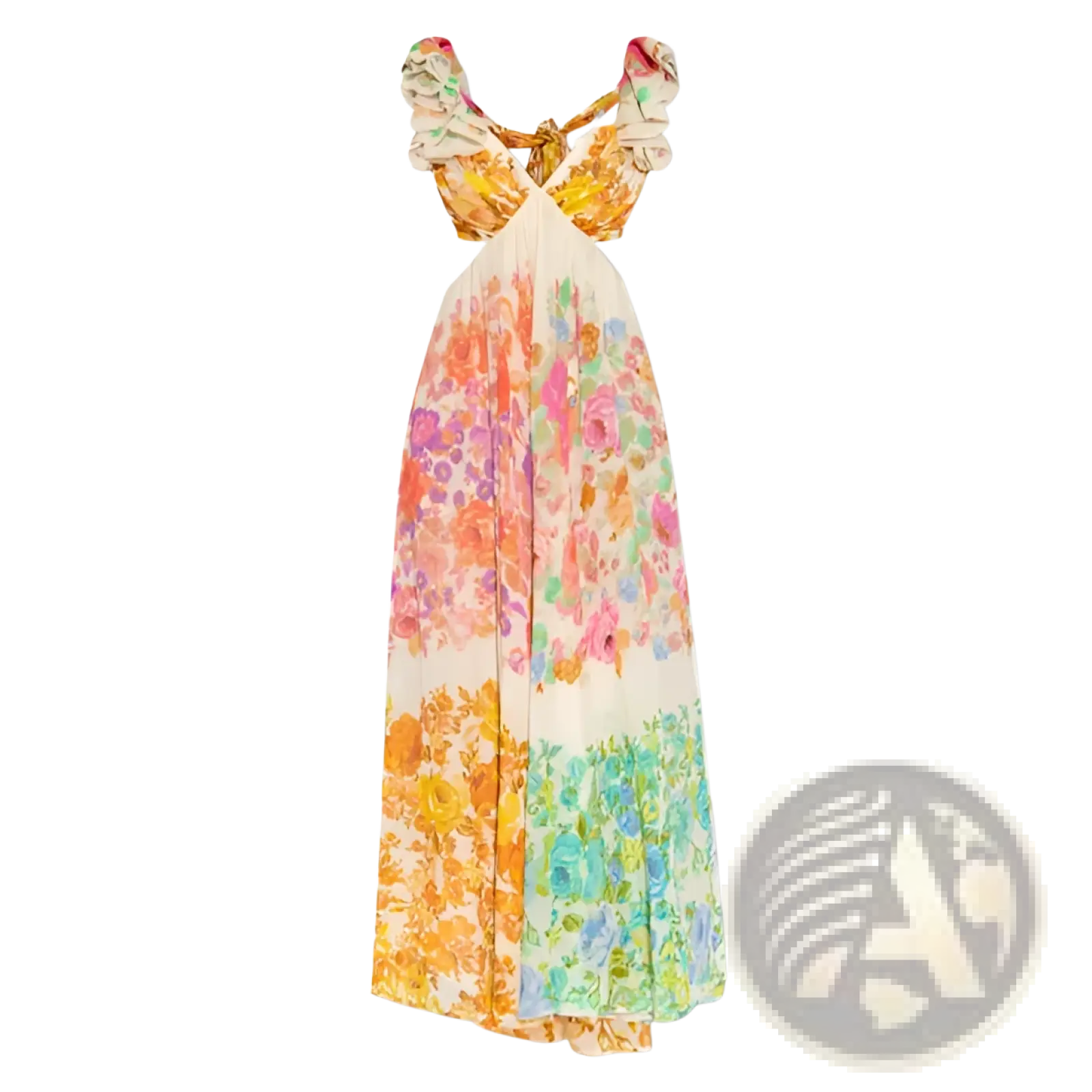 A flowing long-sleeved French Floral v neck ruffle maxi dress with vibrant orange pink and green floral pattern on off-white fabric