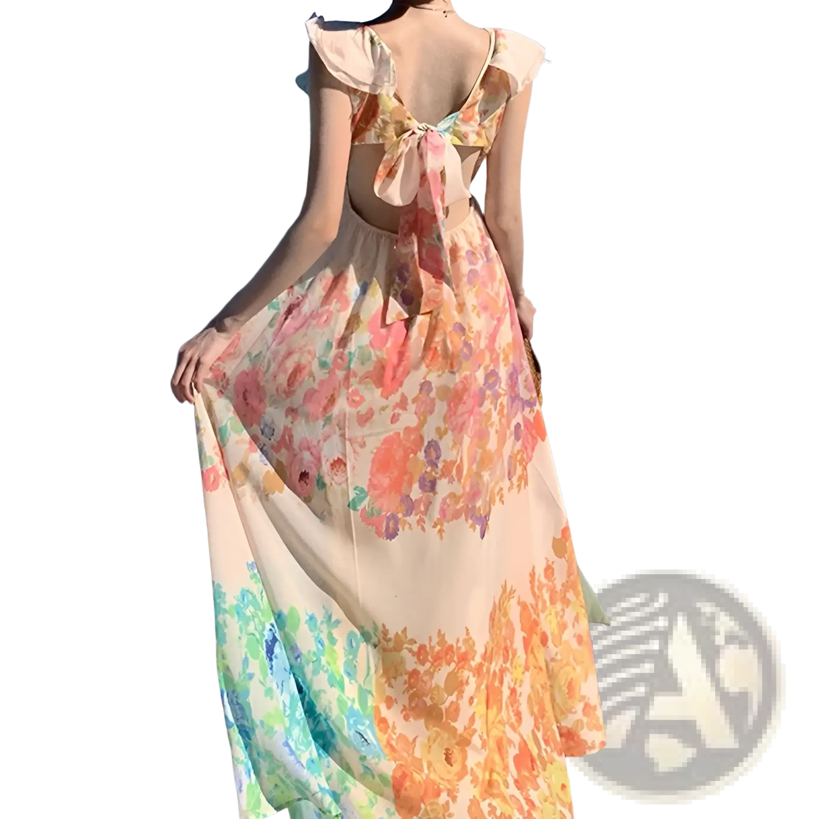 A flowing backless french floral v neck ruffle maxi dress in soft peach with vibrant multicolor floral patterns