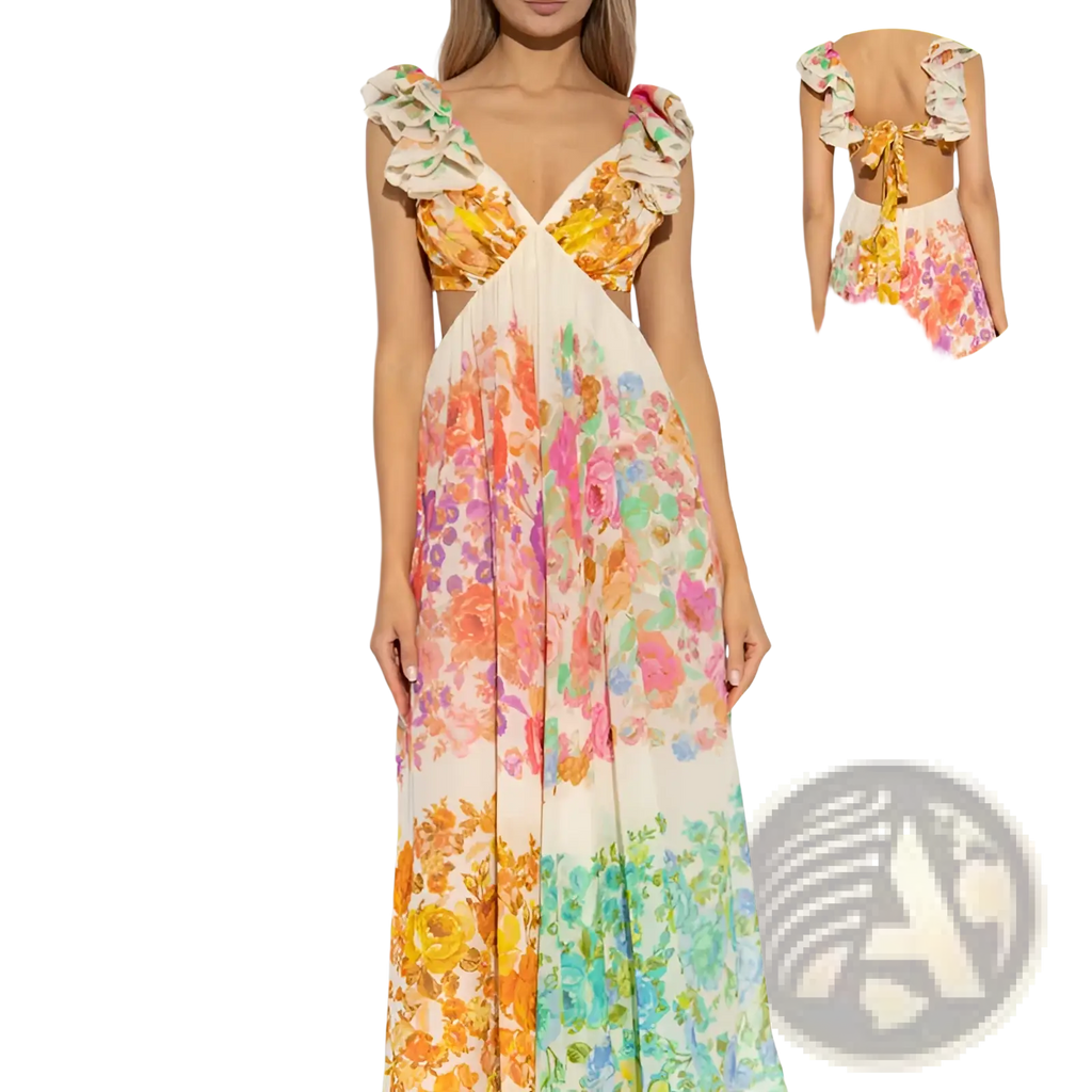 A flowing long-sleeved French floral v neck ruffle maxi dress with vibrant orange pink green floral print on off-white fabric