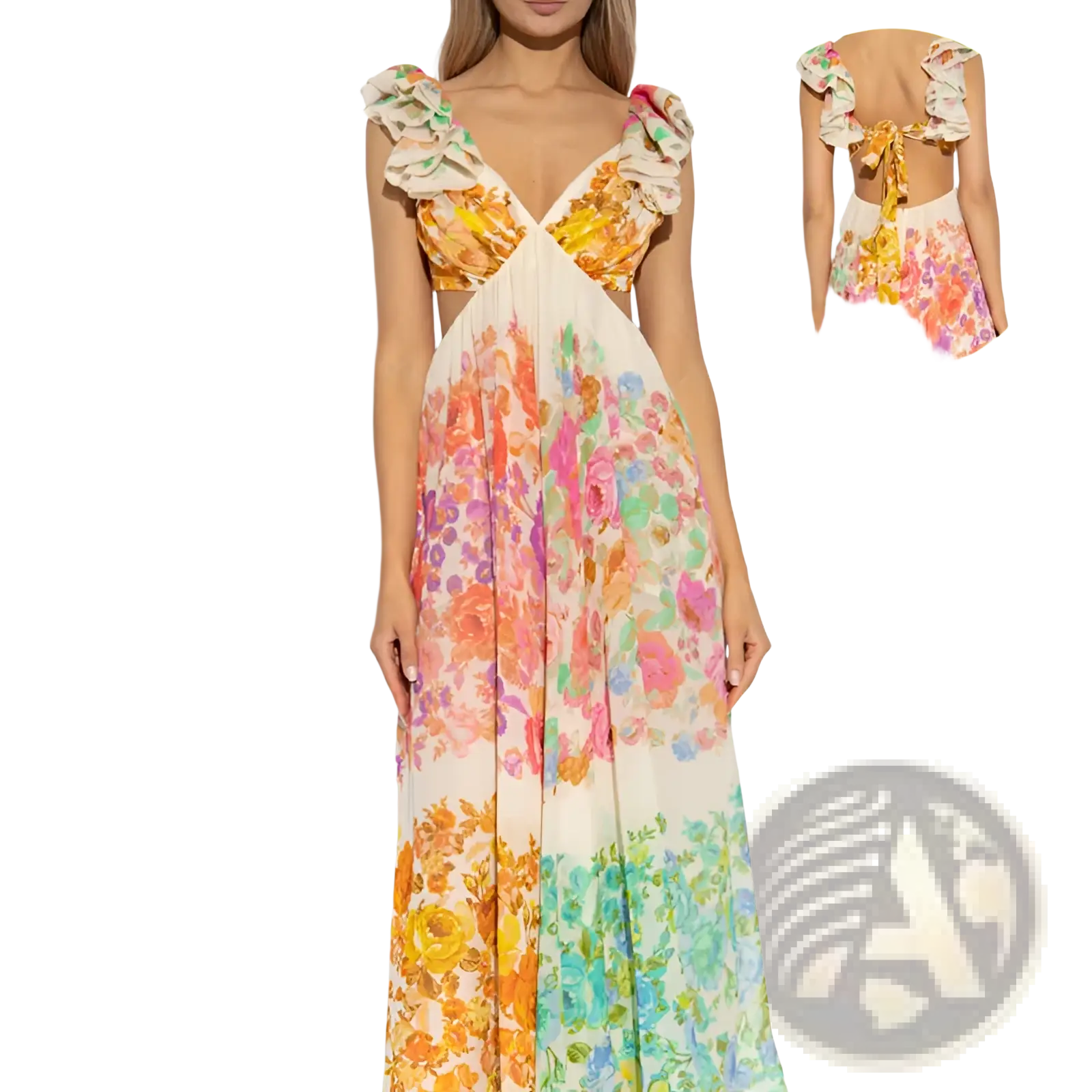 A flowing long-sleeved French floral v neck ruffle maxi dress with vibrant orange pink green floral print on off-white fabric