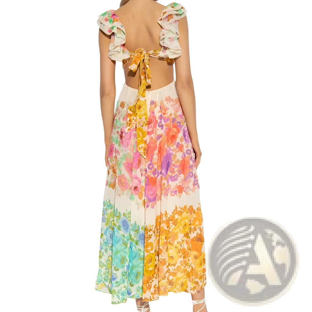 French floral v neck ruffle maxi dress with colorful floral pattern and ruffled shoulder straps tied into a bow at back