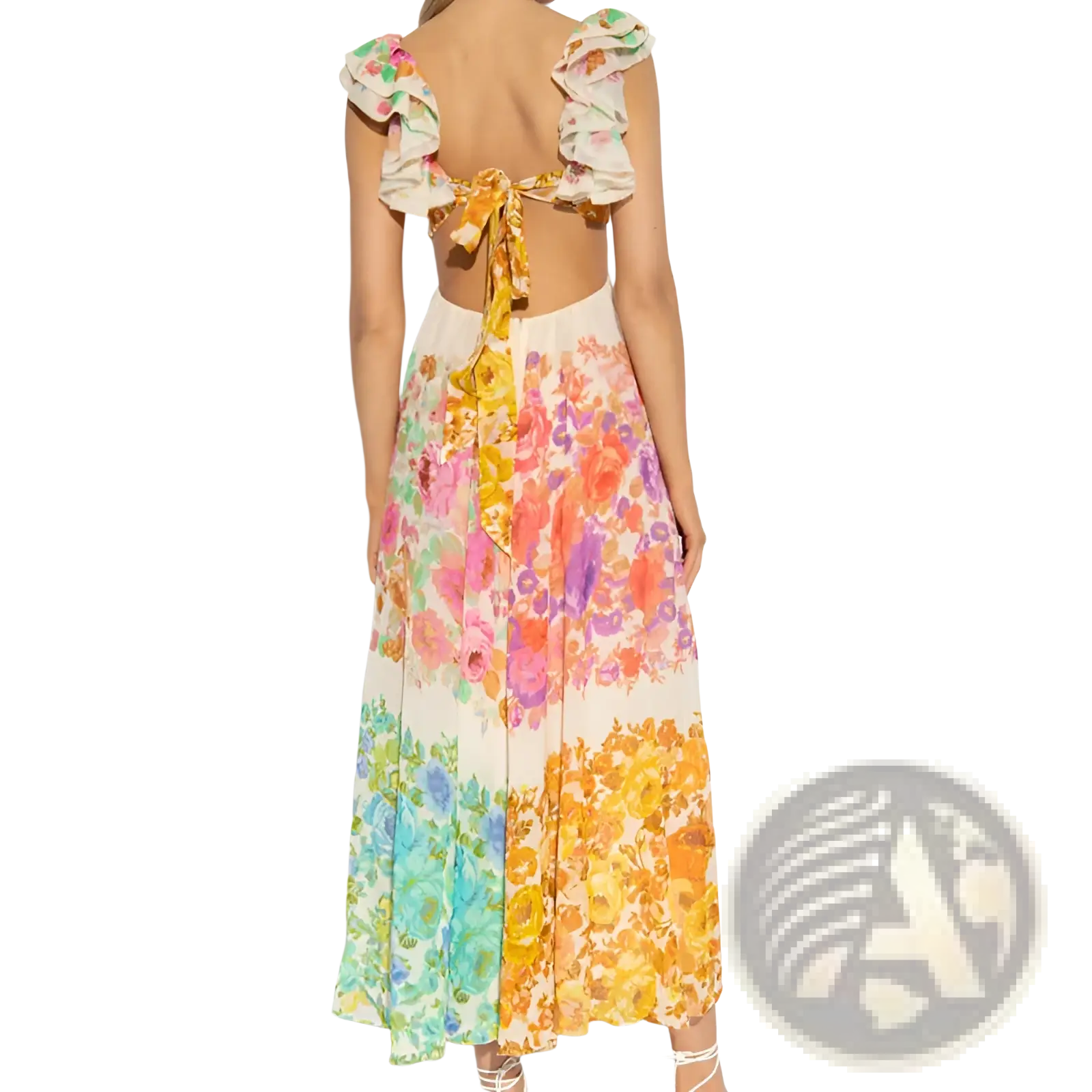 French floral v neck ruffle maxi dress with colorful floral pattern and ruffled shoulder straps tied into a bow at back