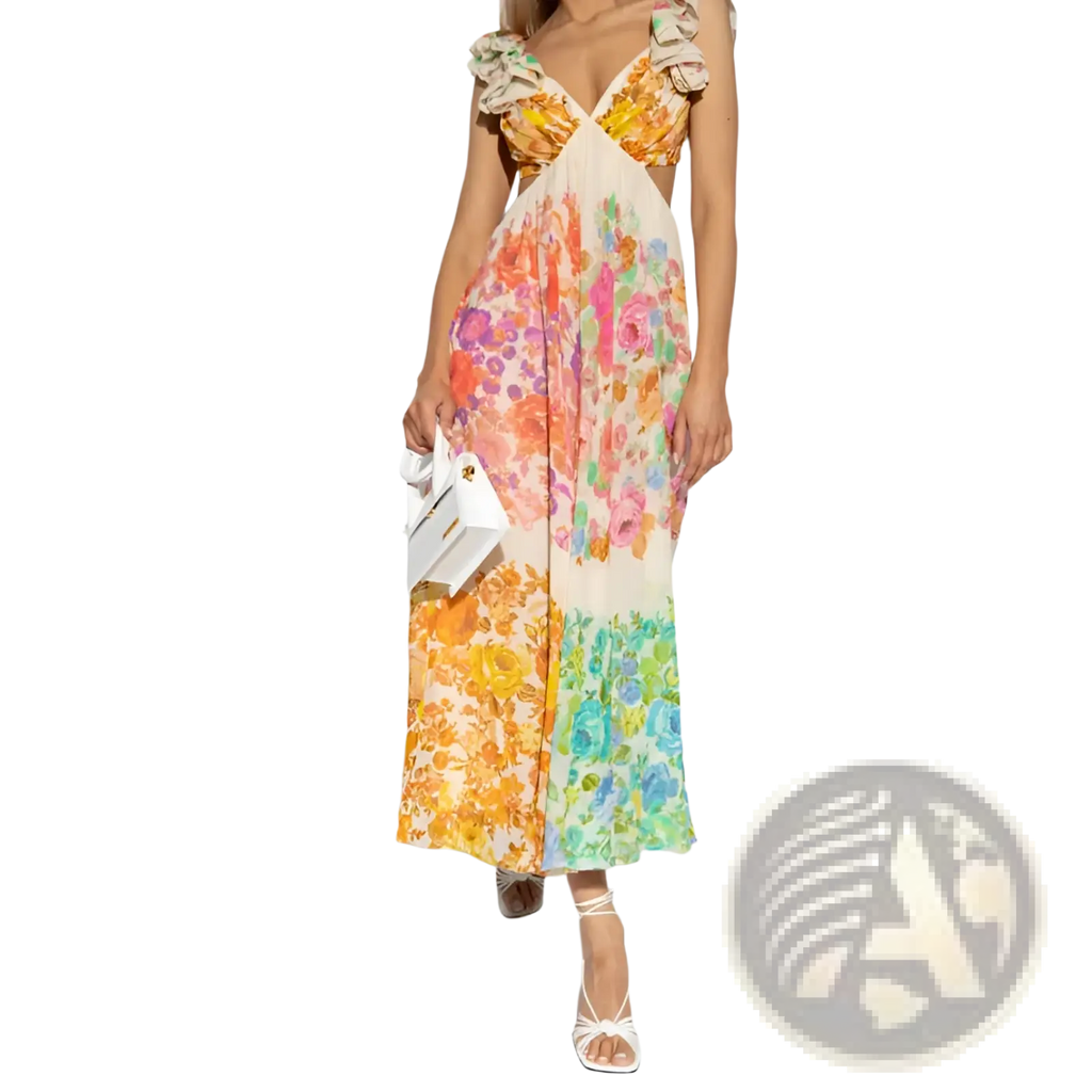 A vibrant french floral v neck ruffle maxi dress with a two-piece cream base and bold colorful blooms