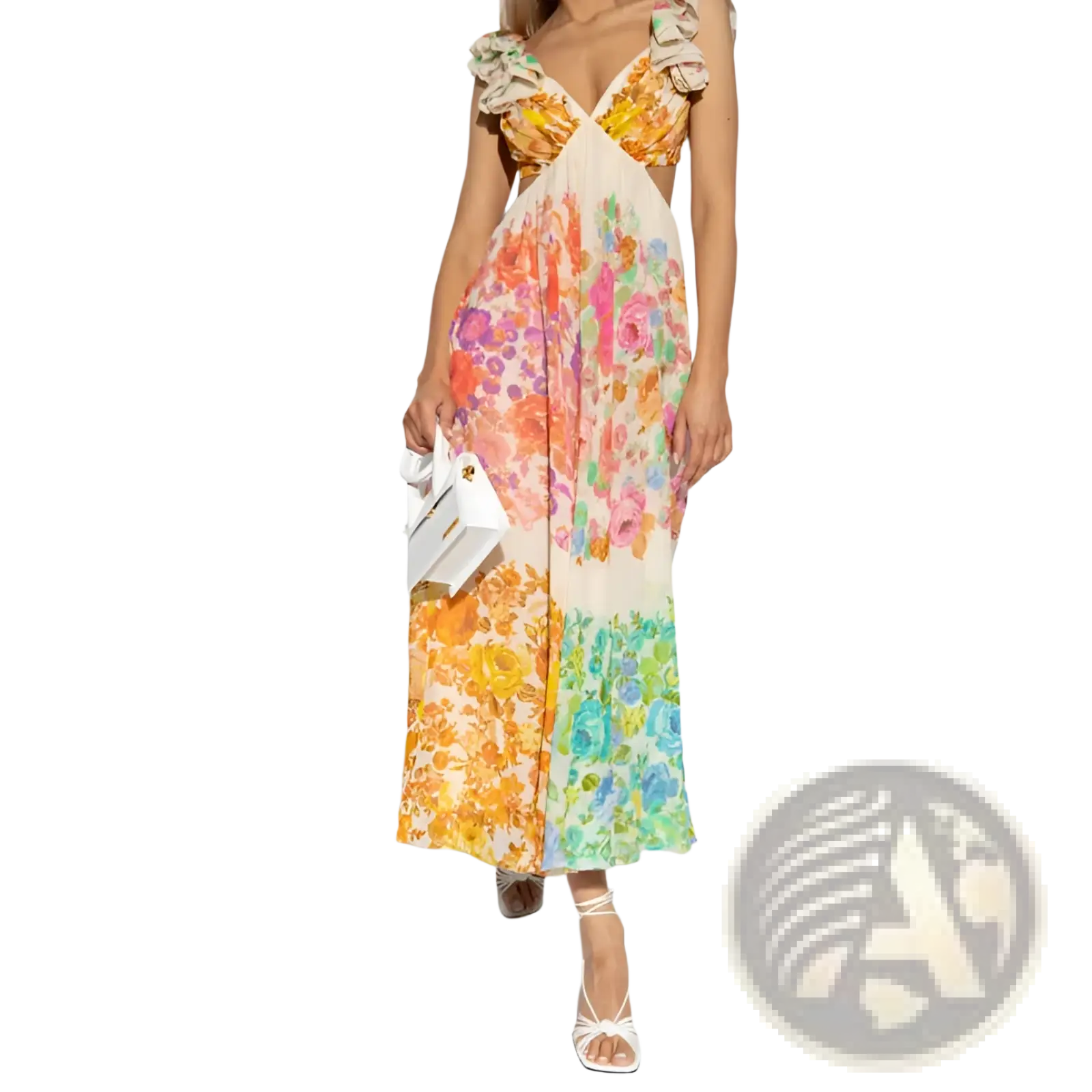 A vibrant french floral v neck ruffle maxi dress with a two-piece cream base and bold colorful blooms