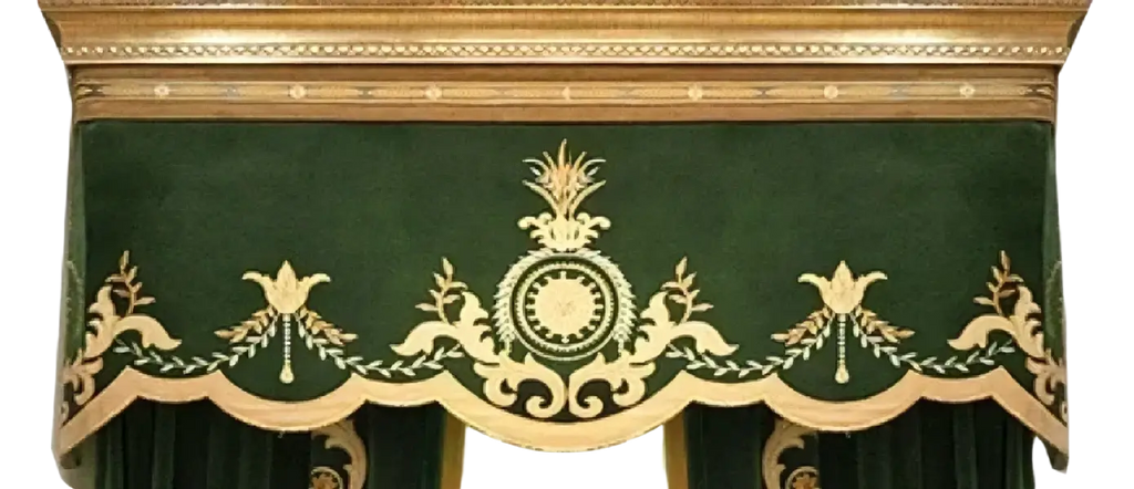 French green velvet embroidered curtains with dark green velvet valance and intricate gold embroidery with tassel tieback beads