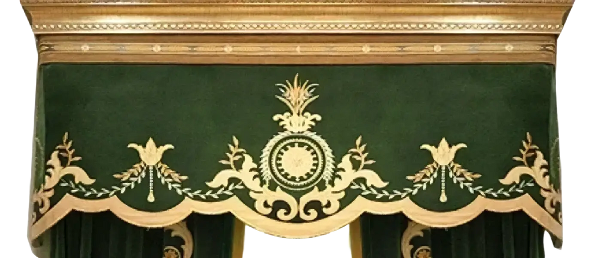 French green velvet embroidered curtains with dark green velvet valance and intricate gold embroidery with tassel tieback beads