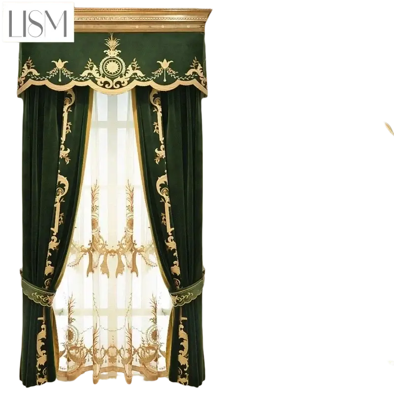 French green velvet embroidered curtains with intricate gold embroidery, matching valance, and tassel tieback beads