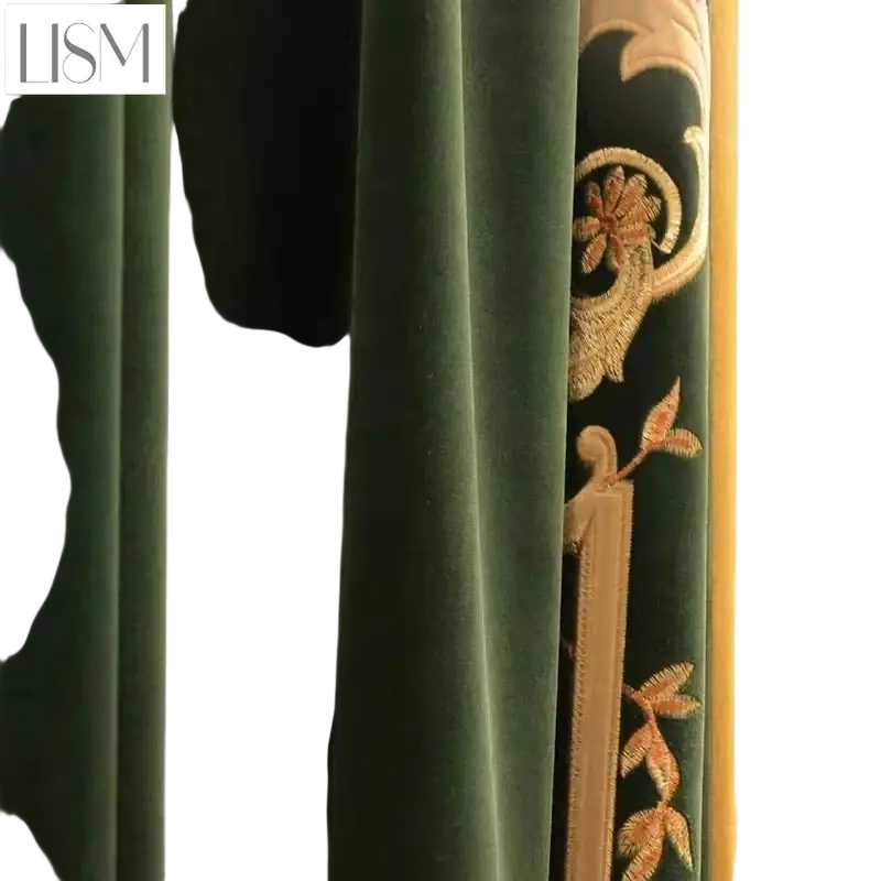 French green velvet embroidered curtains in deep emerald with intricate gold floral embroidery and tassel tieback beads