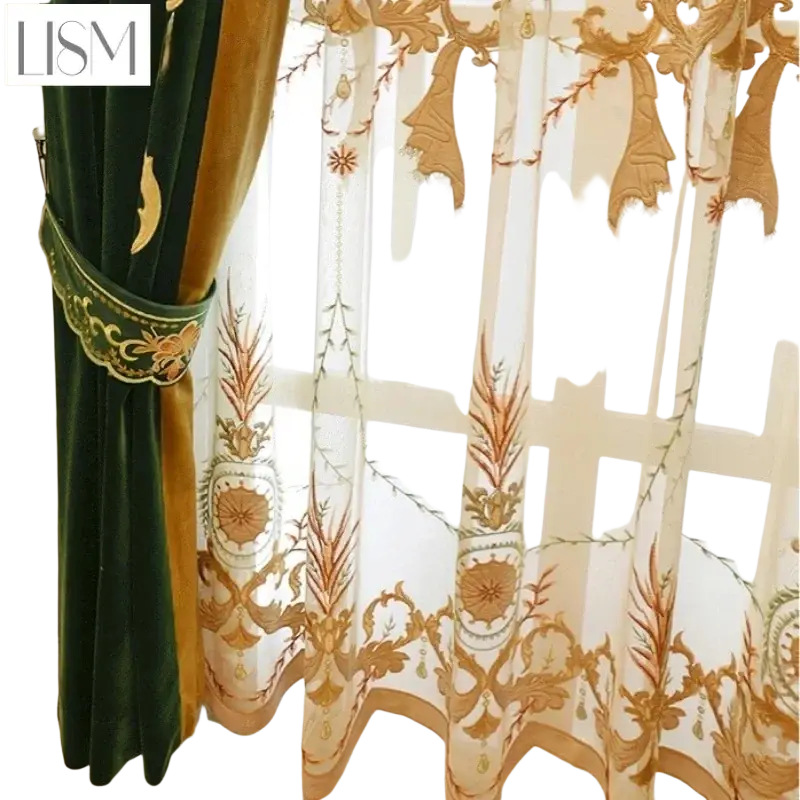 Elegant French green velvet embroidered curtains with gold floral patterns and tassel tieback beads for a classic look