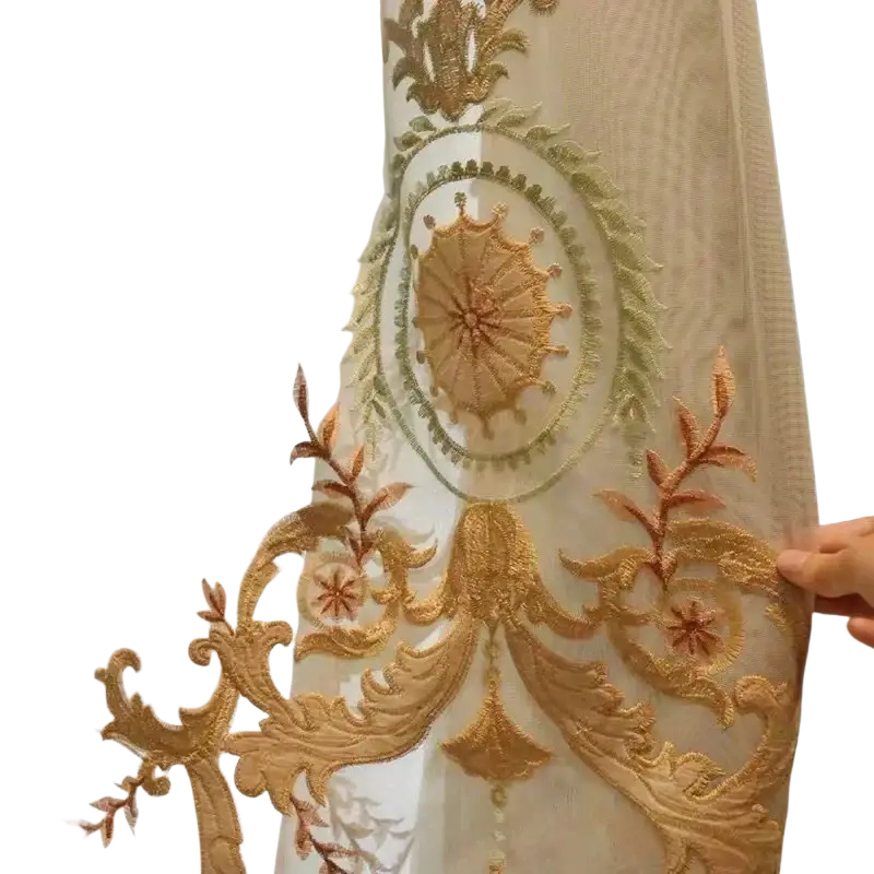 Elegant sheer French green velvet embroidered curtains with intricate gold and olive green floral patterns and tassel tieback beads