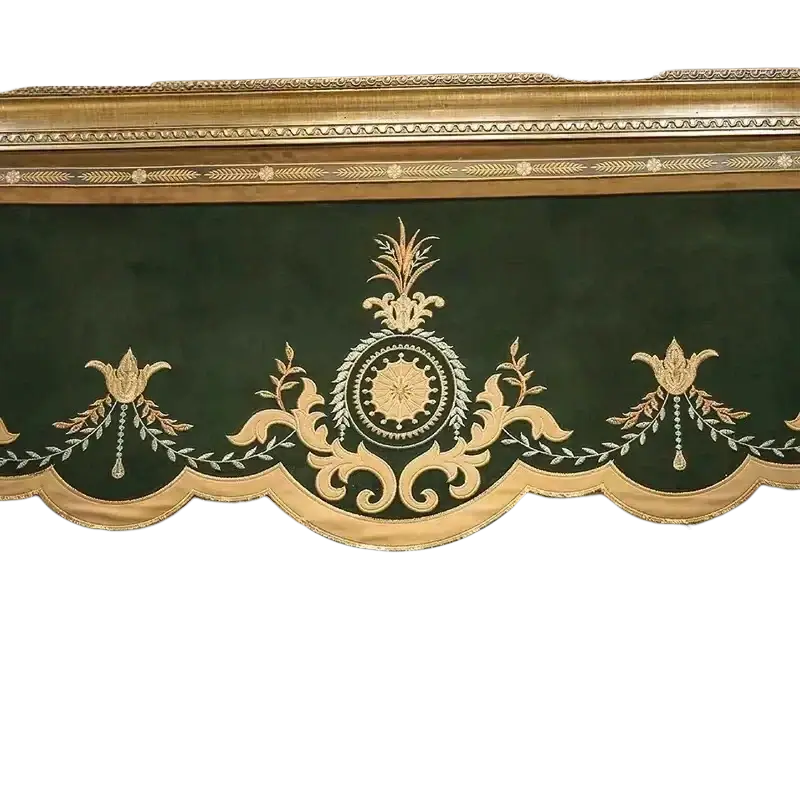 Luxury french green velvet embroidered curtains with intricate gold and silver floral embroidery and tassel tieback beads