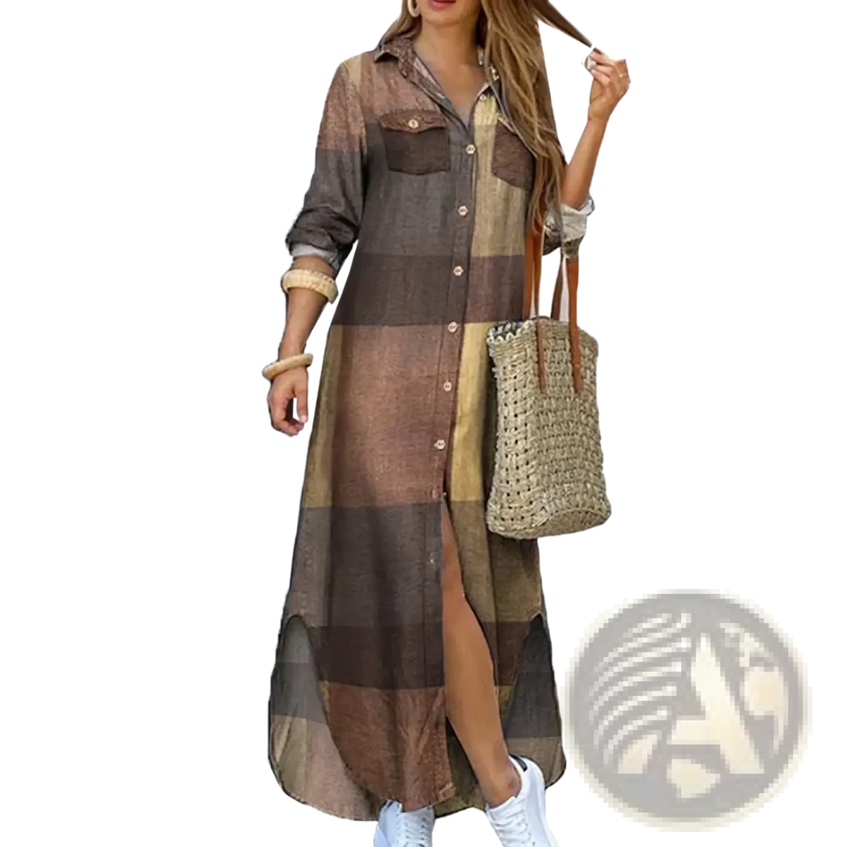 A French literary print button down maxi dress in earthy brown and beige patchwork with rolled sleeves and side slit