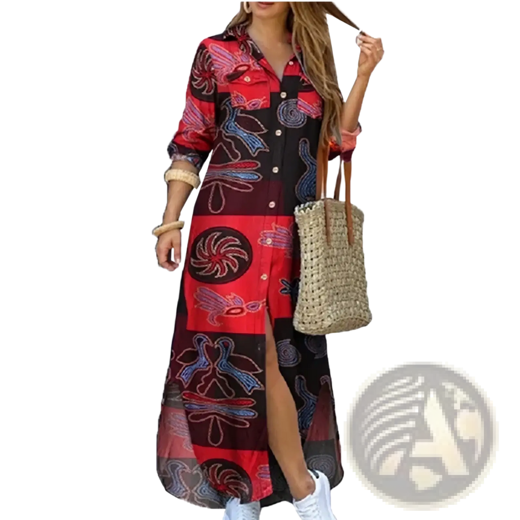 Red and black patterned button-down maxi dress with embroidered bird motifs in a French literary print design