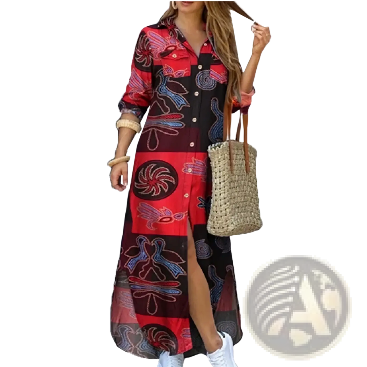 Red and black patterned button-down maxi dress with embroidered bird motifs in a French literary print design