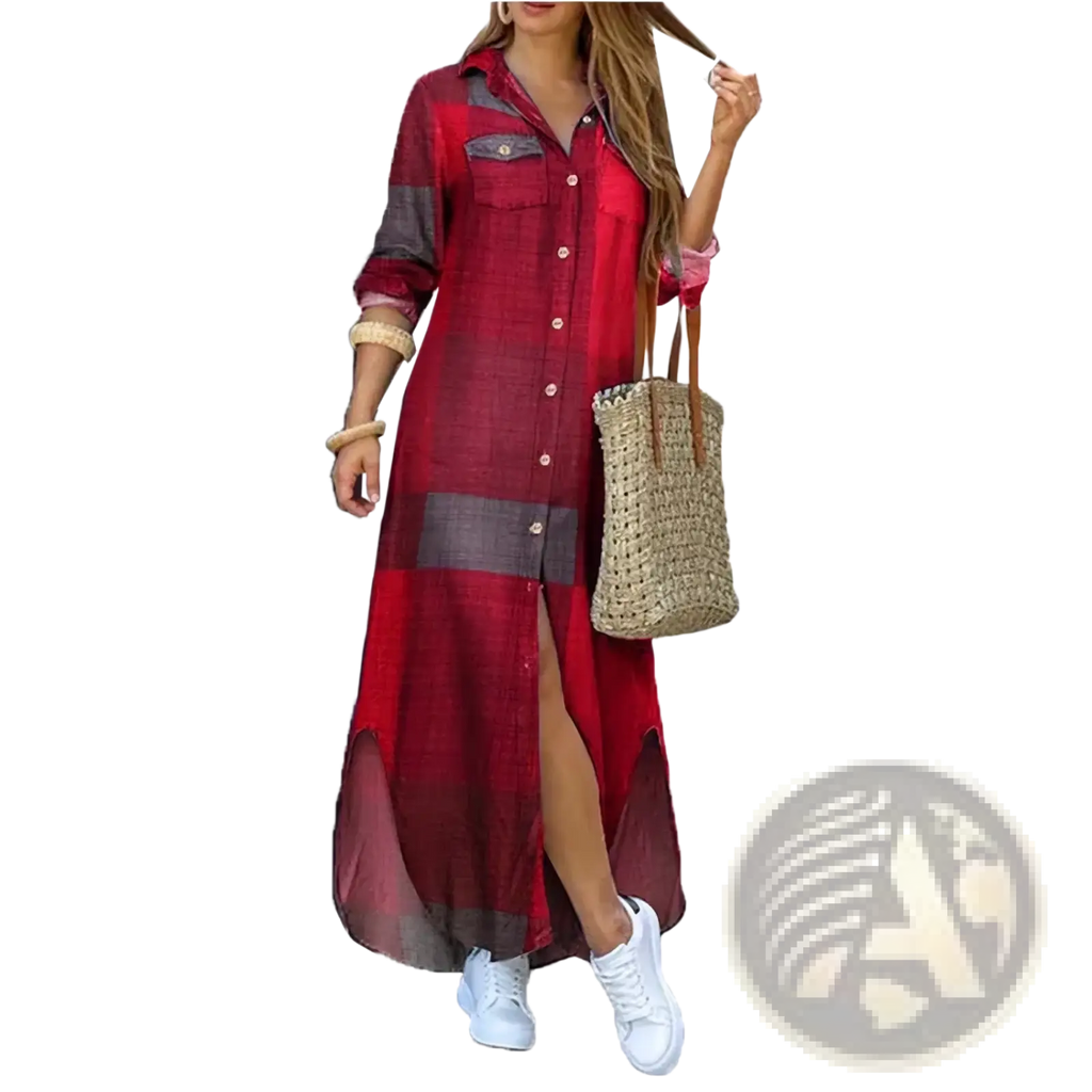 Red and gray plaid long-sleeved button-up maxi dress with side slit featuring French literary print design