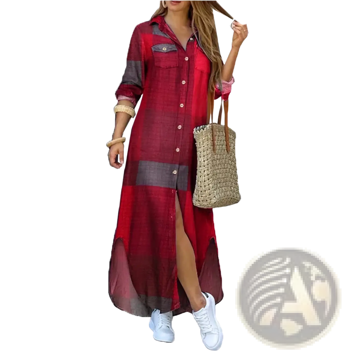 Red and gray plaid long-sleeved button-up maxi dress with side slit featuring French literary print design