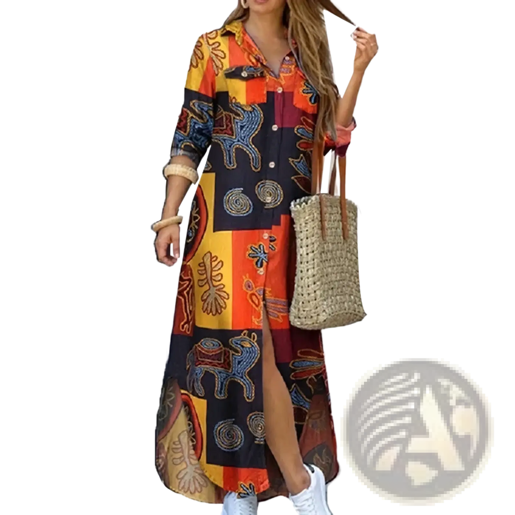 French literary print button down maxi dress with vibrant orange yellow navy patchwork and embroidered animal motifs