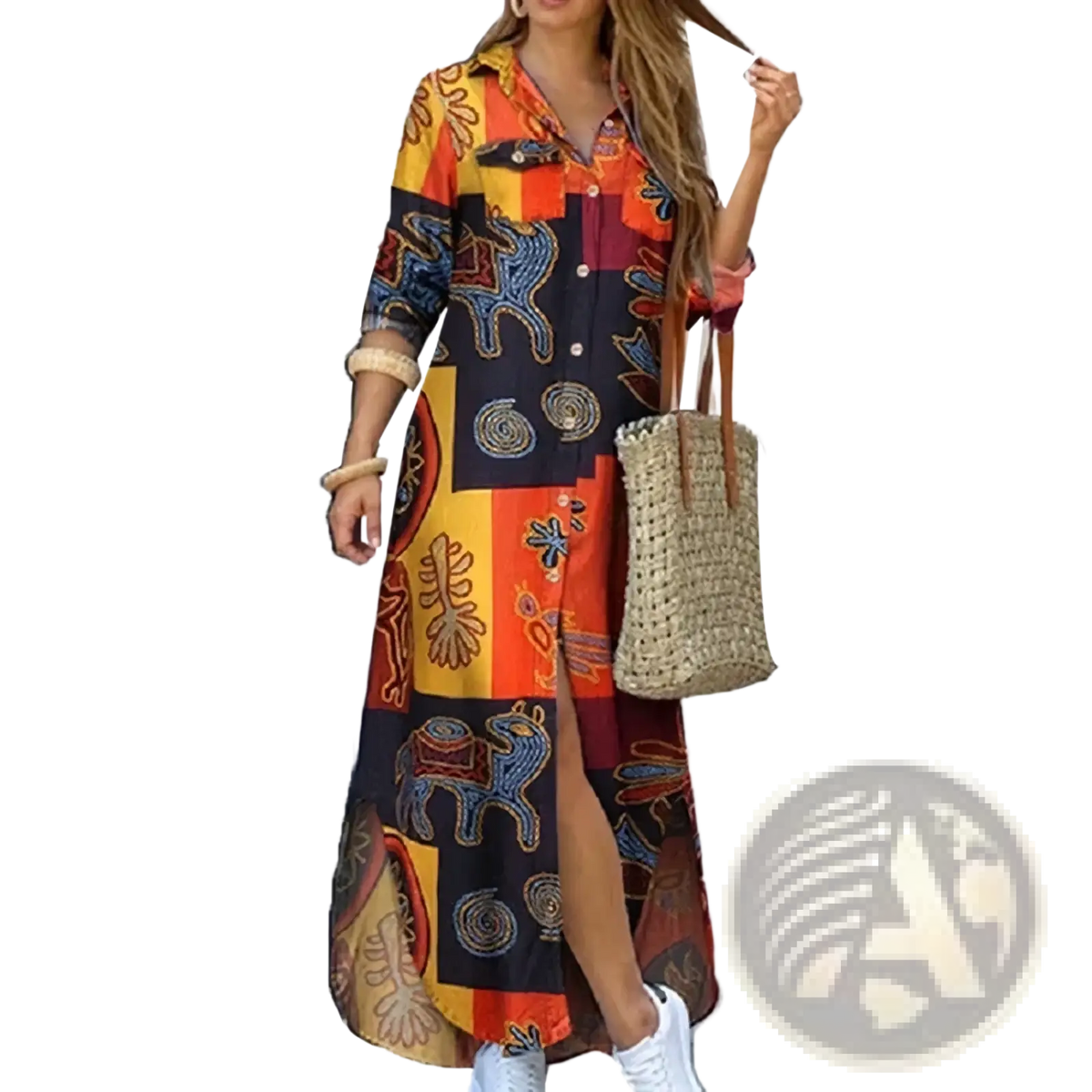 French literary print button down maxi dress with vibrant orange yellow navy patchwork and embroidered animal motifs