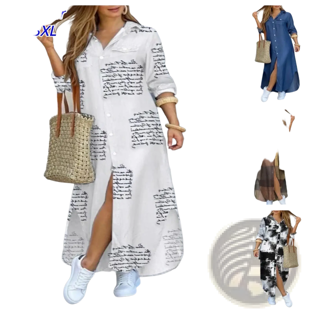 White long-sleeved button-up maxi dress with black abstract french literary print and side slit for elegant wear