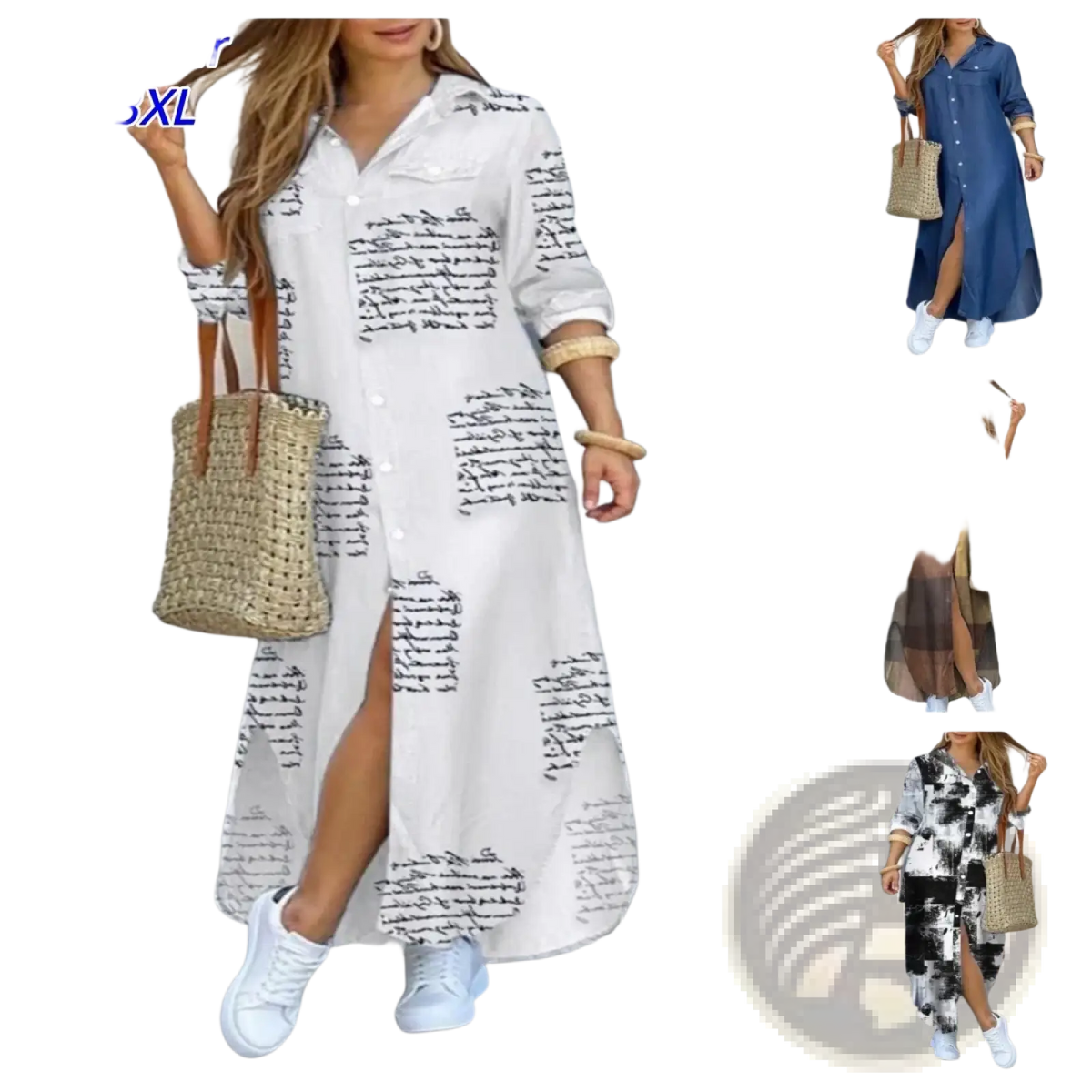 White long-sleeved button-up maxi dress with black abstract french literary print and side slit for elegant wear