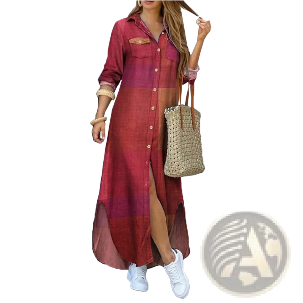 French literary print button down maxi dress in deep red and maroon gradient with rolled sleeves and side slit