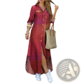 French literary print button down maxi dress in deep red and maroon gradient with rolled sleeves and side slit