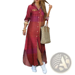 French literary print button down maxi dress in deep red and maroon gradient with rolled sleeves and side slit