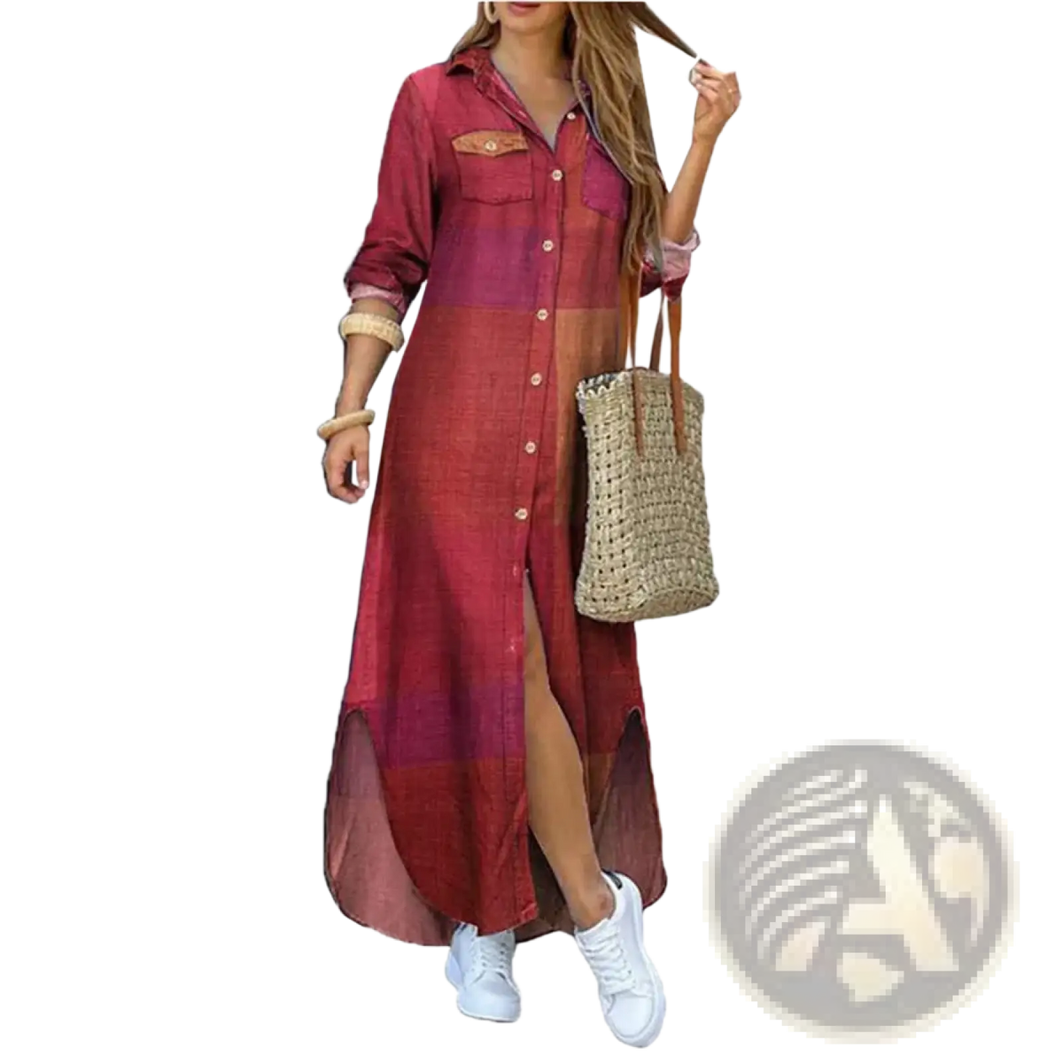 French literary print button down maxi dress in deep red and maroon gradient with rolled sleeves and side slit