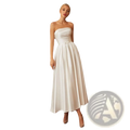 A flowing white satin strapless midi wedding and evening gown with a fitted bodice and flared skirt