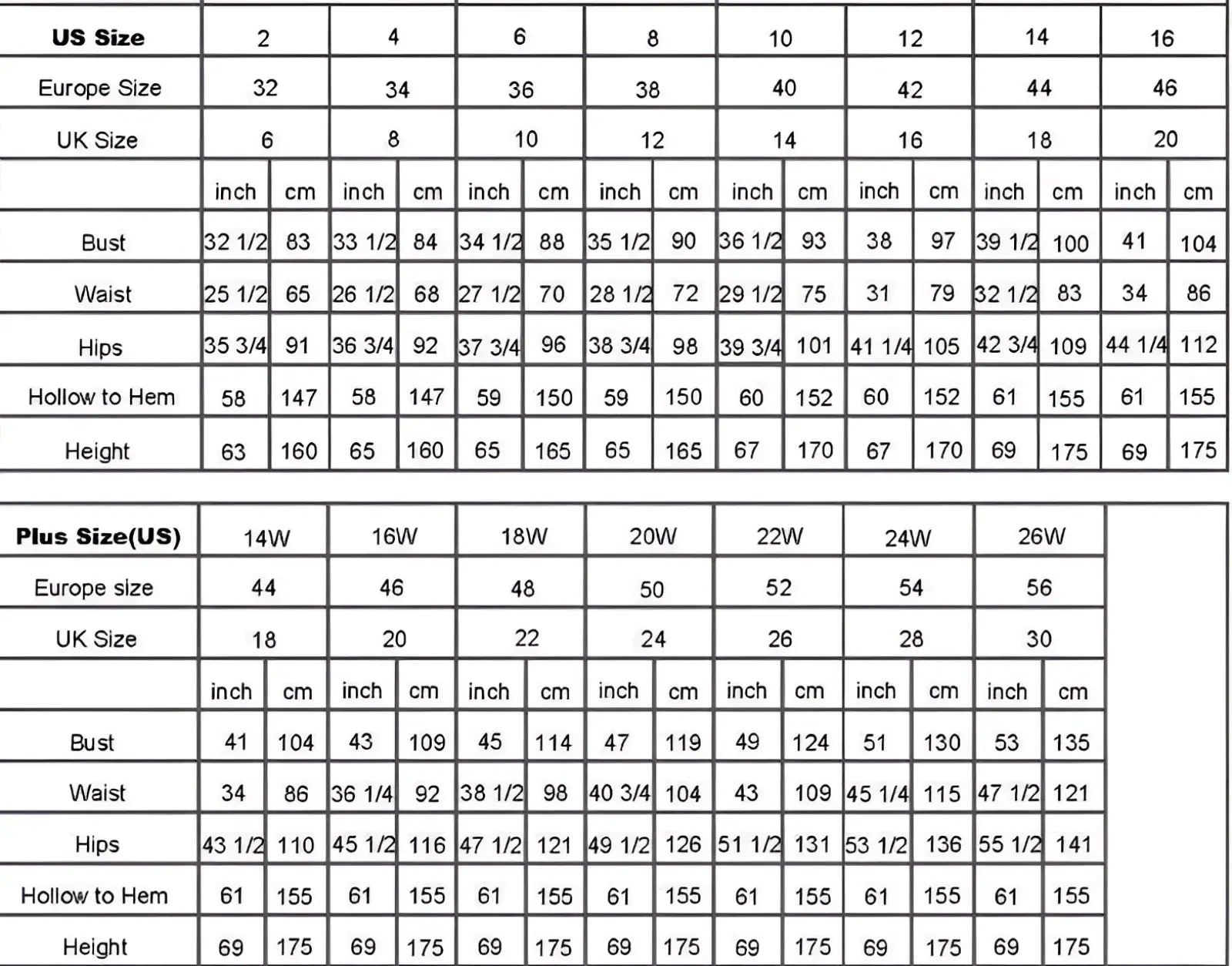 Size conversion chart for french satin strapless midi wedding and evening gown showing us europe and uk measurements
