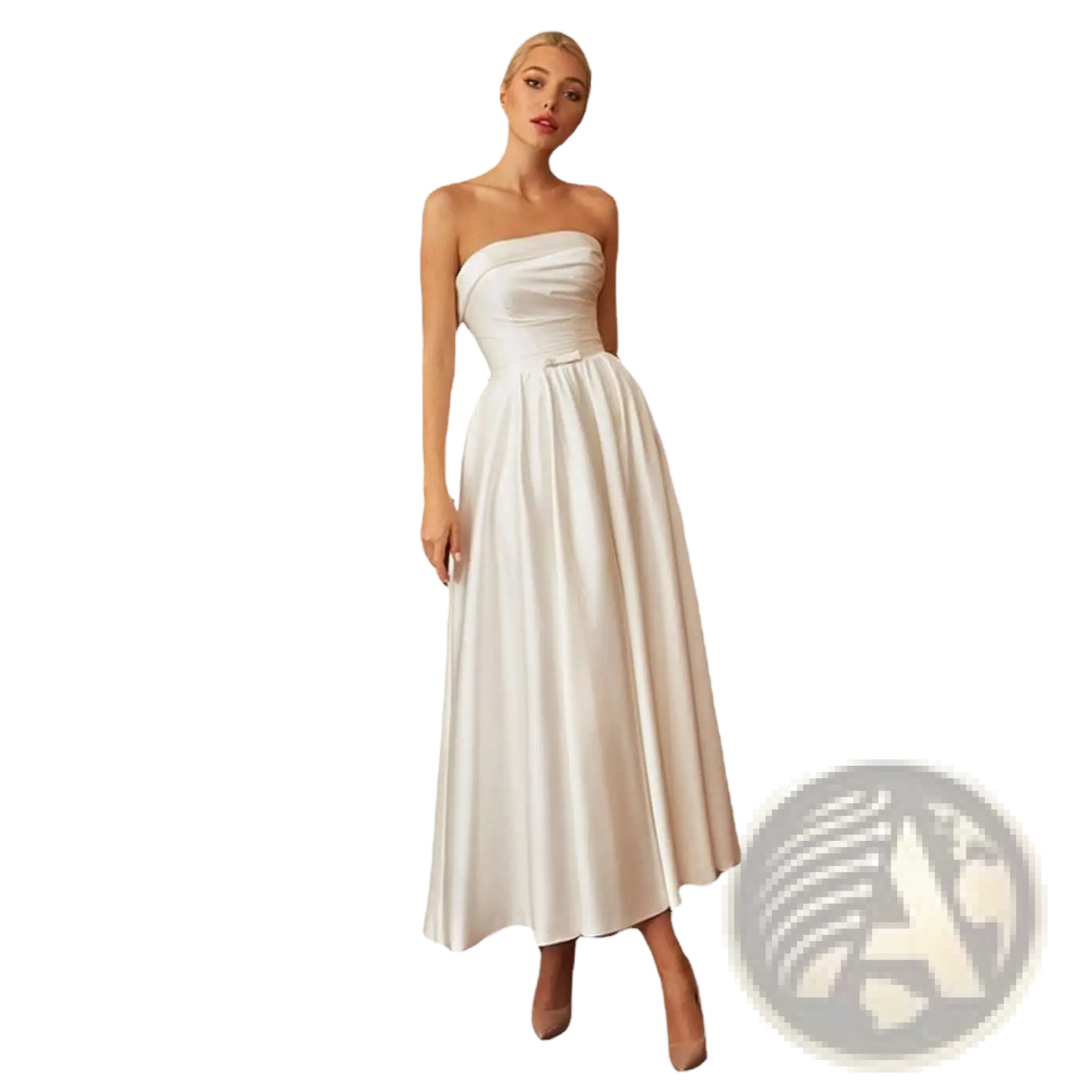 A flowing white french satin strapless midi wedding and evening gown with a fitted bodice and flared skirt
