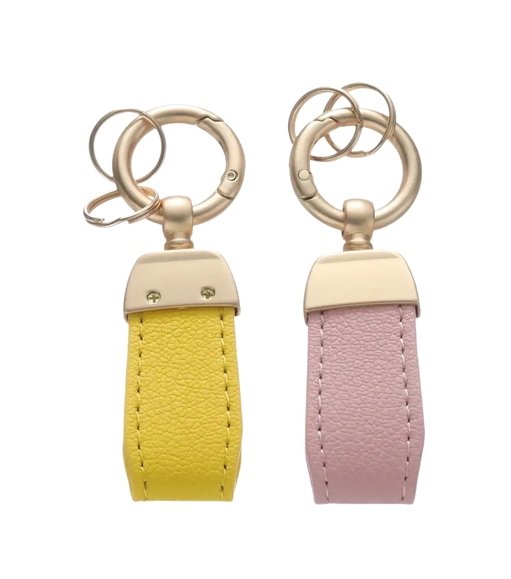 Yellow and pink French sheepskin leather car key chain pendants with gold-tone metal rings and clasps