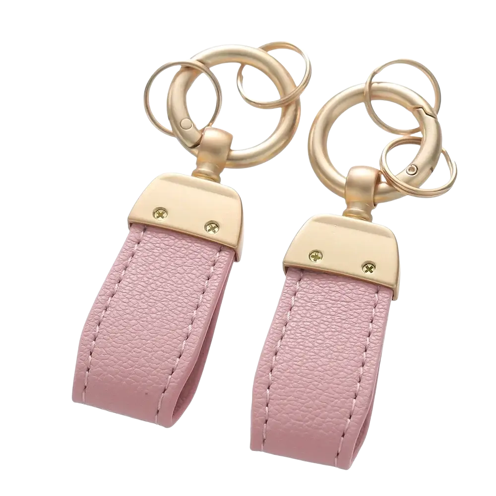 Pink french sheepskin leather car key chain pendant with gold-tone hardware and stitched leather edges