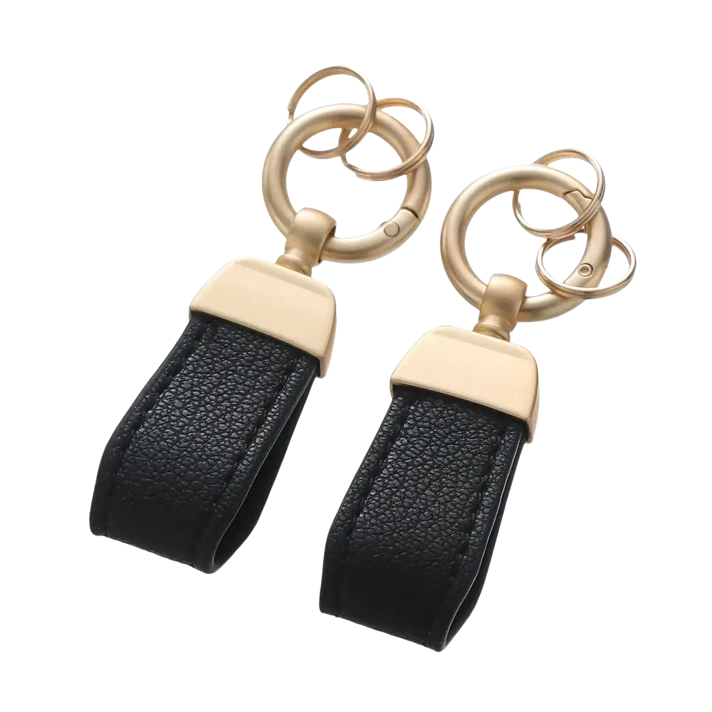 Black french sheepskin leather car key chain pendant with gold-tone metal rings and rectangular plates