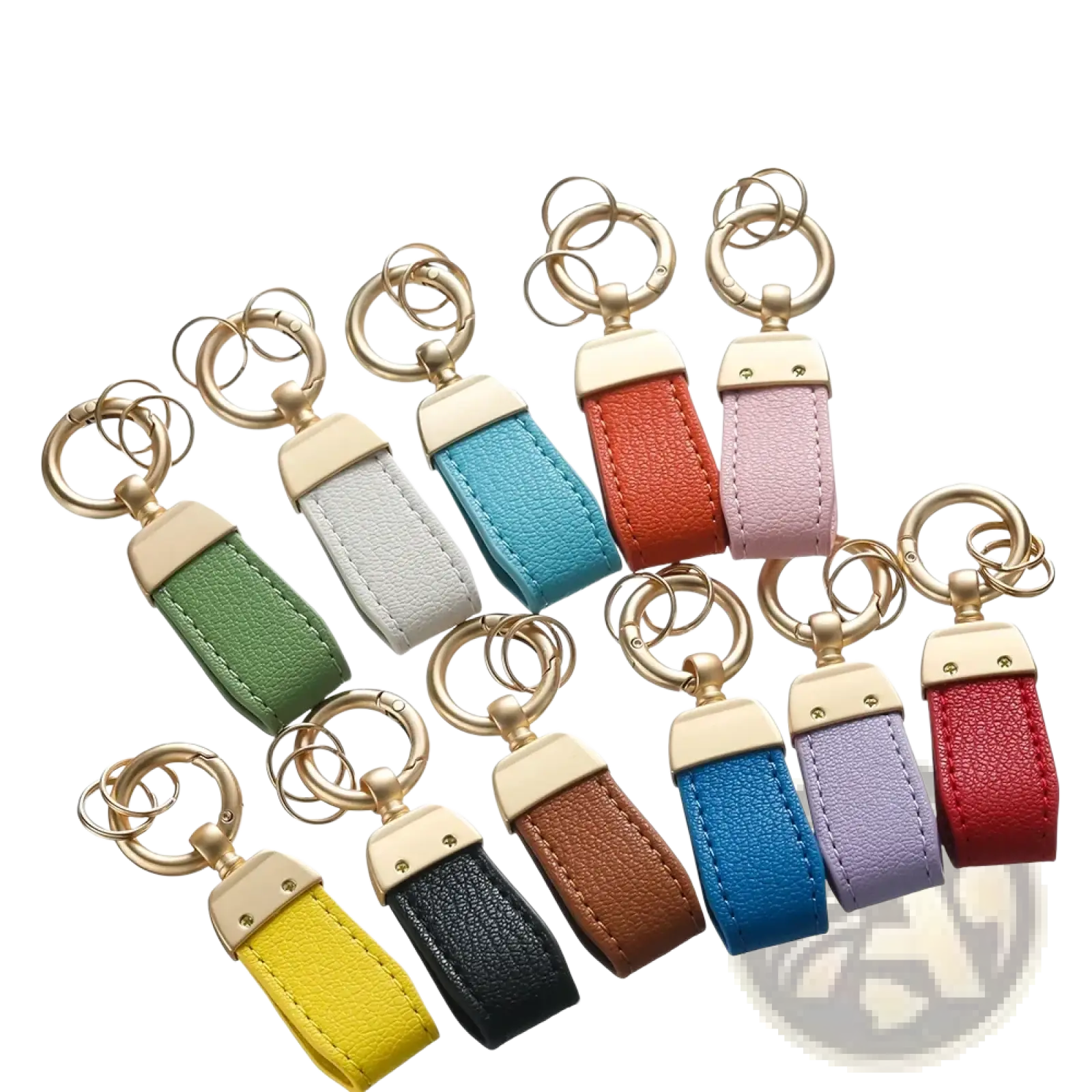 A collection of colorful french sheepskin leather car keychain pendants with gold-tone metal hardware