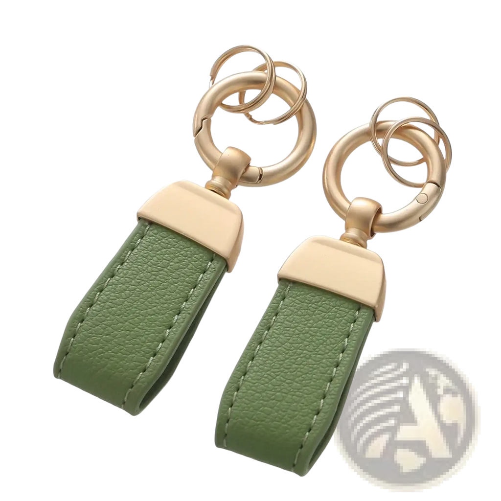 Olive green french sheepskin leather car key chain pendant with gold tone metal clasps and rings