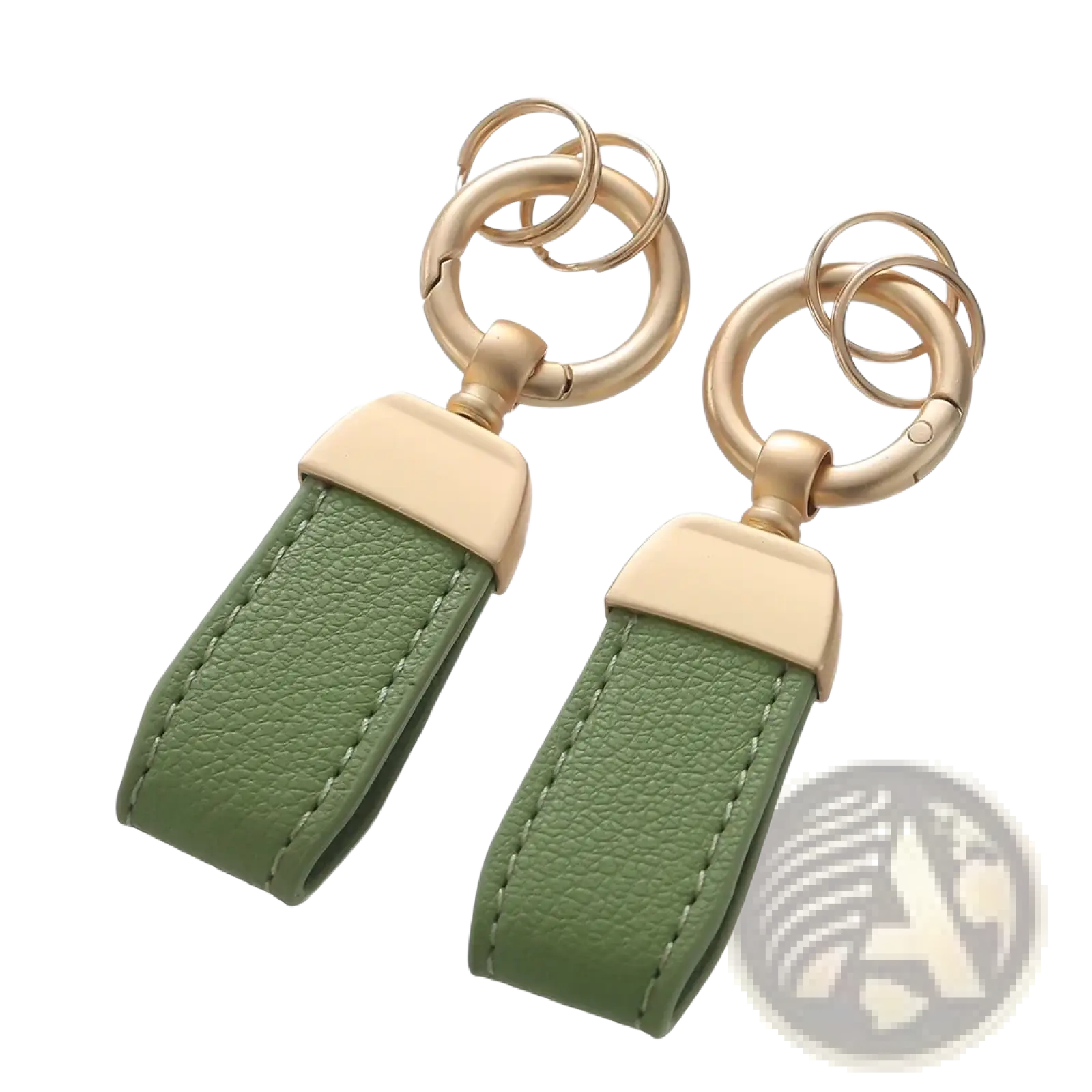Olive green french sheepskin leather car key chain pendant with gold tone metal clasps and rings