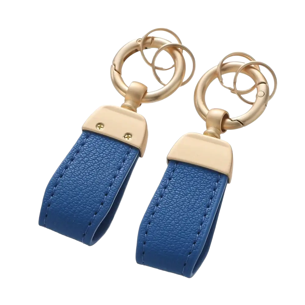 Blue French sheepskin leather car keychain key holders with gold-tone metal rings and rectangular clasps