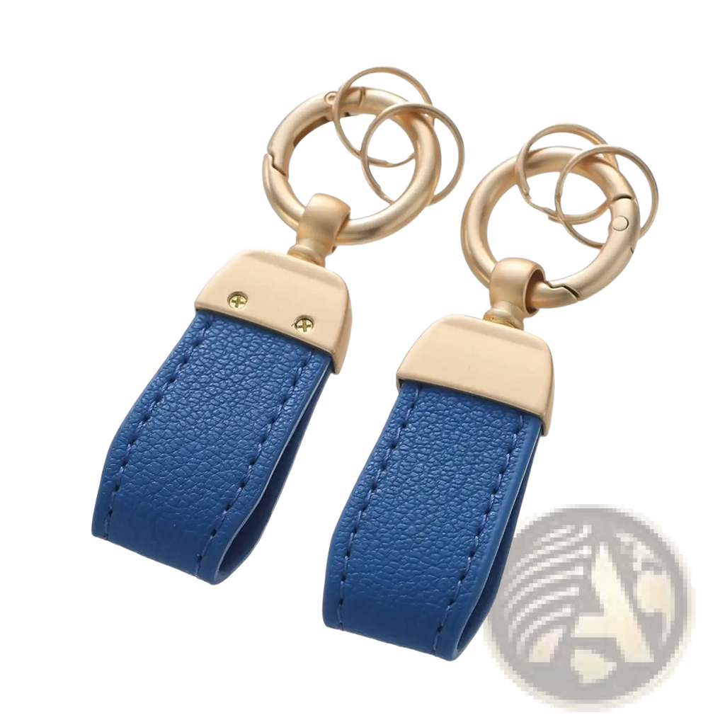Blue French sheepskin leather car keychain key holders with gold-tone metal rings and rectangular clasps