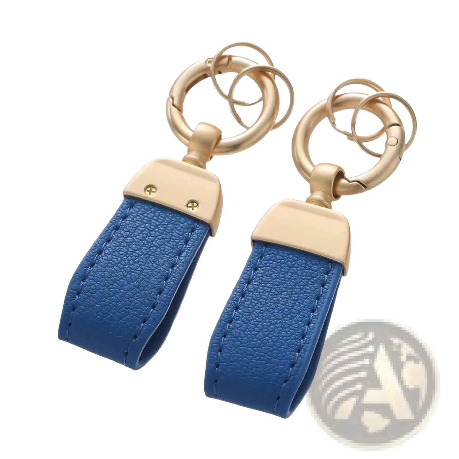 Blue French sheepskin leather car keychain key holders with gold-tone metal rings and rectangular clasps