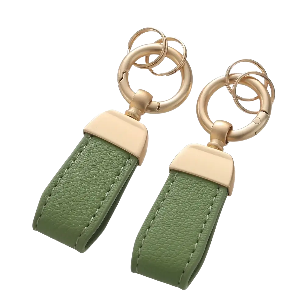 Olive green french sheepskin leather car keychain with gold tone metal clasps and rings for key holding
