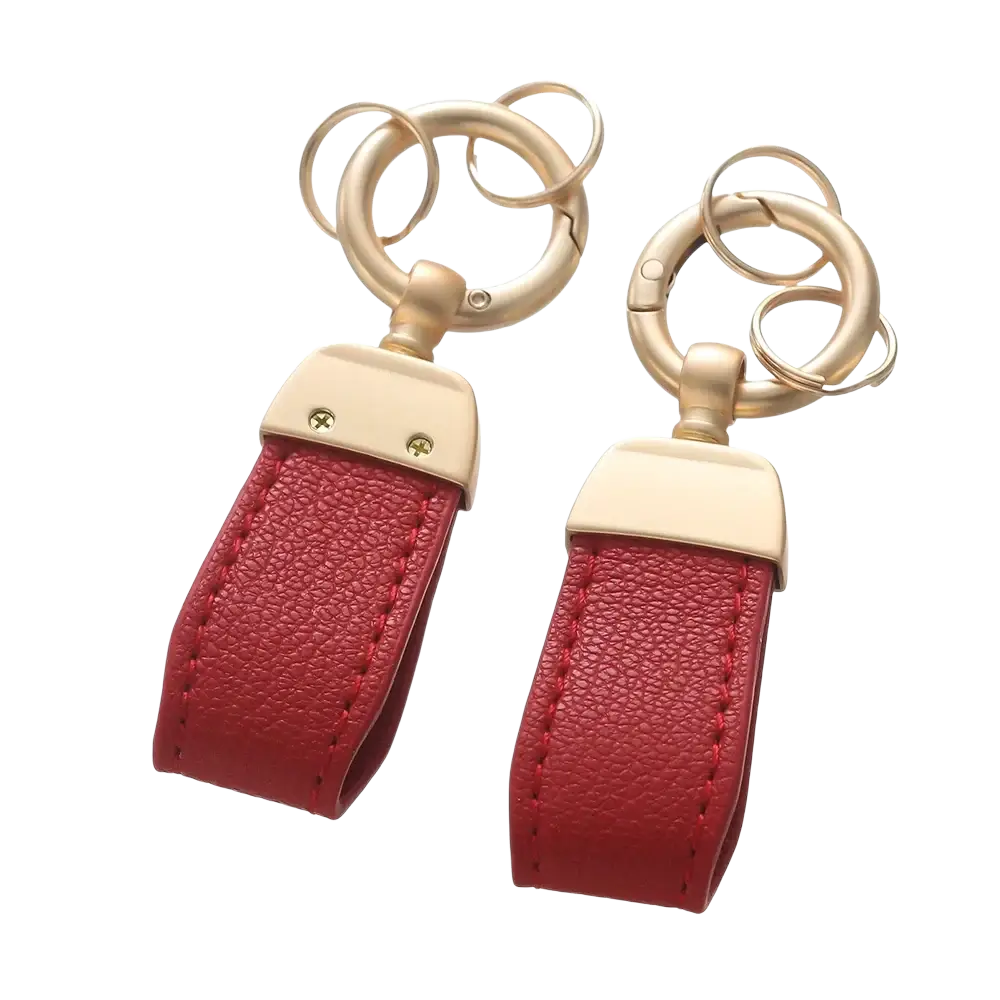 Red french sheepskin leather car keychain with gold-tone metal clasp and ring for elegant key holding