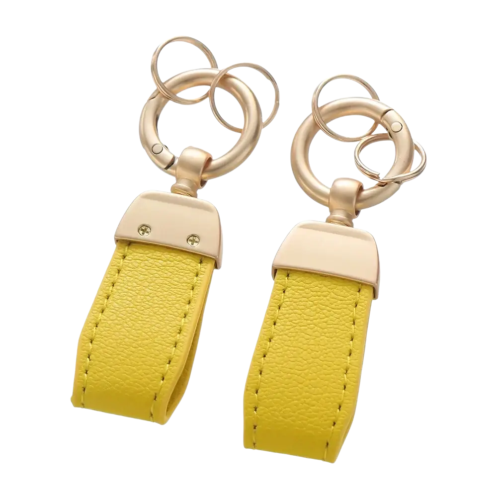 Yellow leather French sheepskin car keychain key holder with gold-tone metal hardware