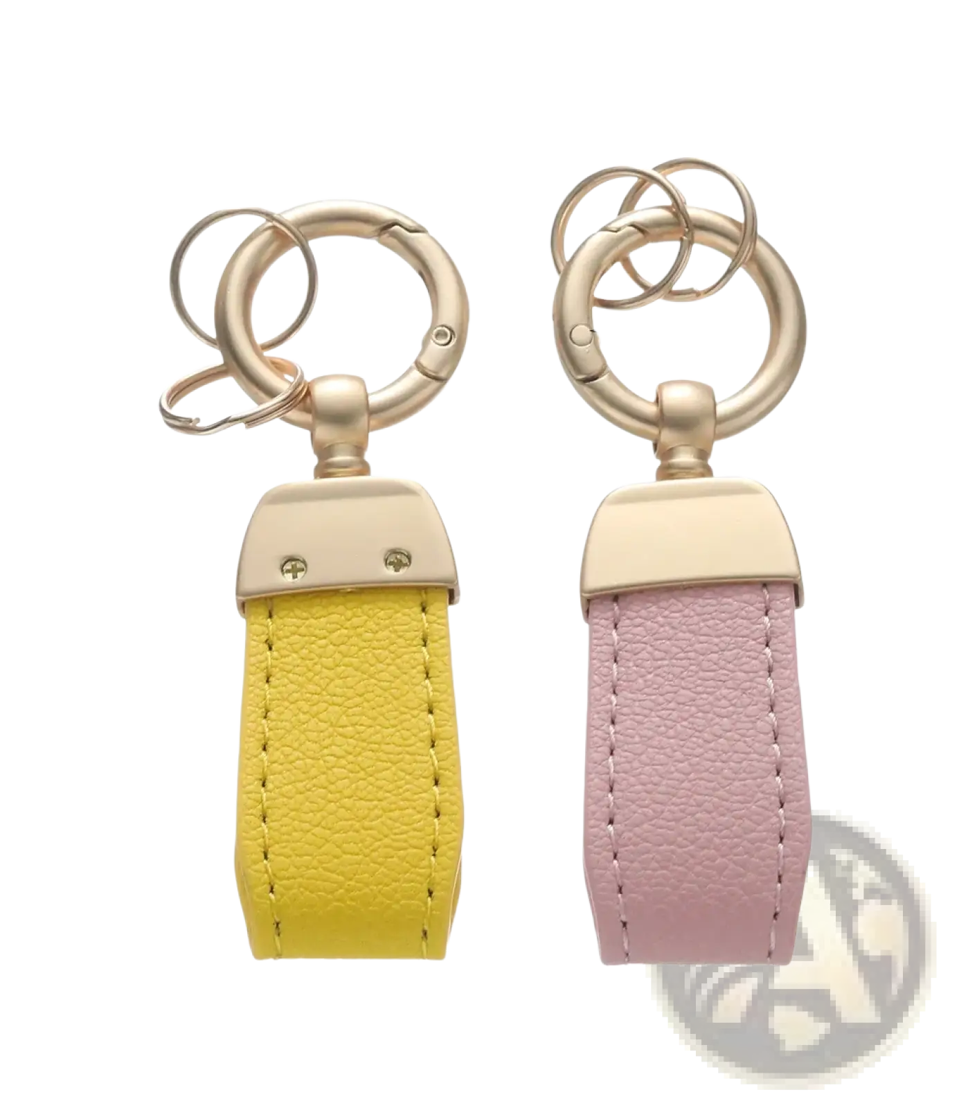 Yellow and pink french sheepskin leather car keychains with gold-tone metal rings and clasps key holders