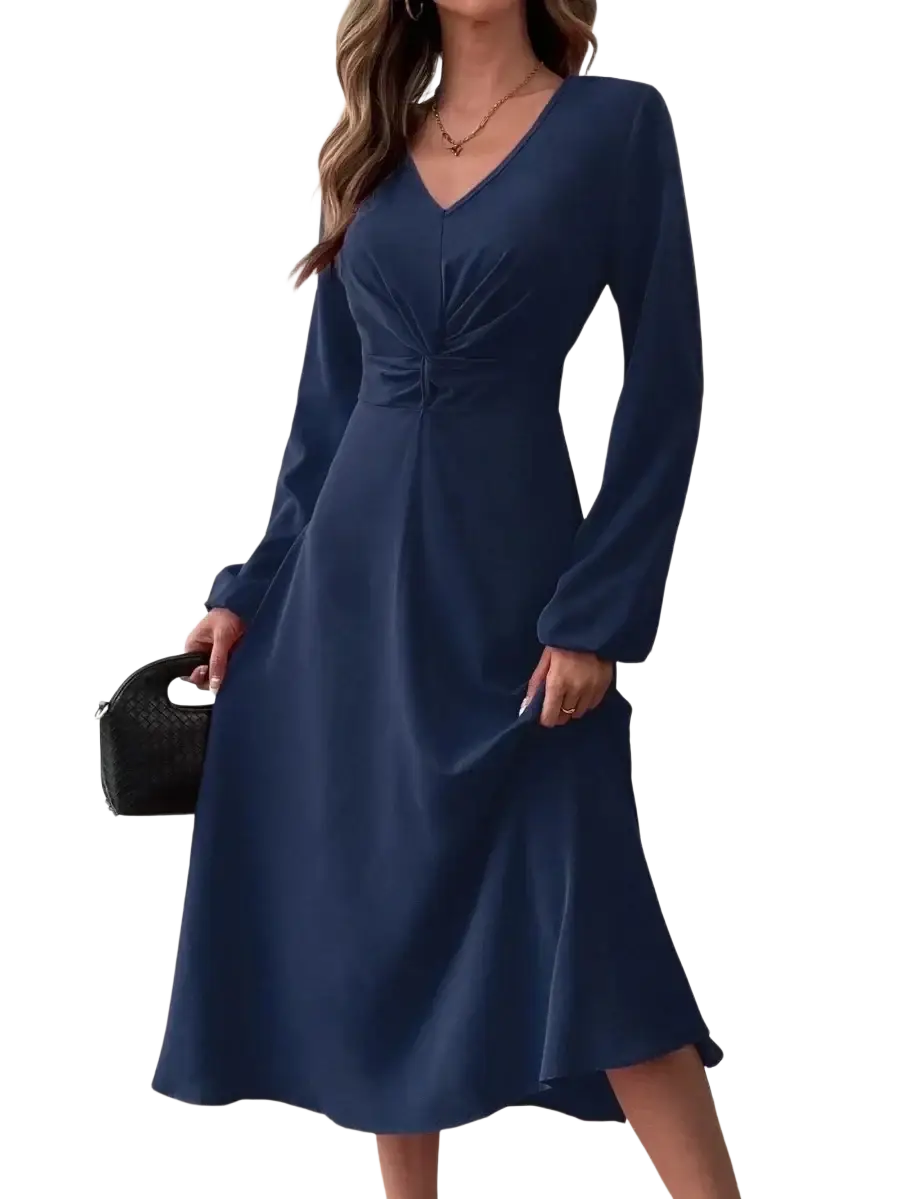 Navy blue French v-neck A-line midi dress with long sleeves and gathered waist detail in soft fabric