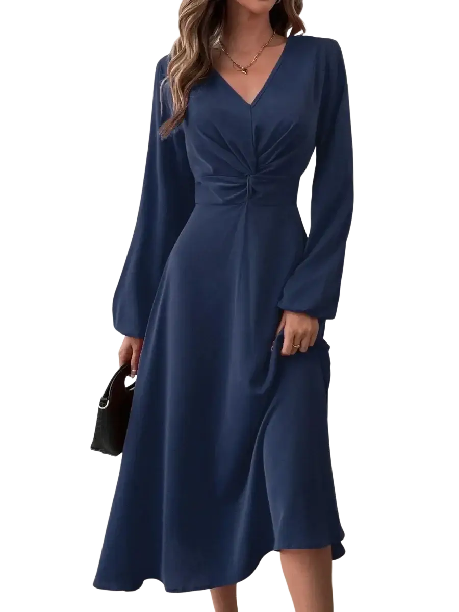 Navy blue French V-neck A-line midi dress with long sleeves and cinched waist in soft fabric for elegant wear