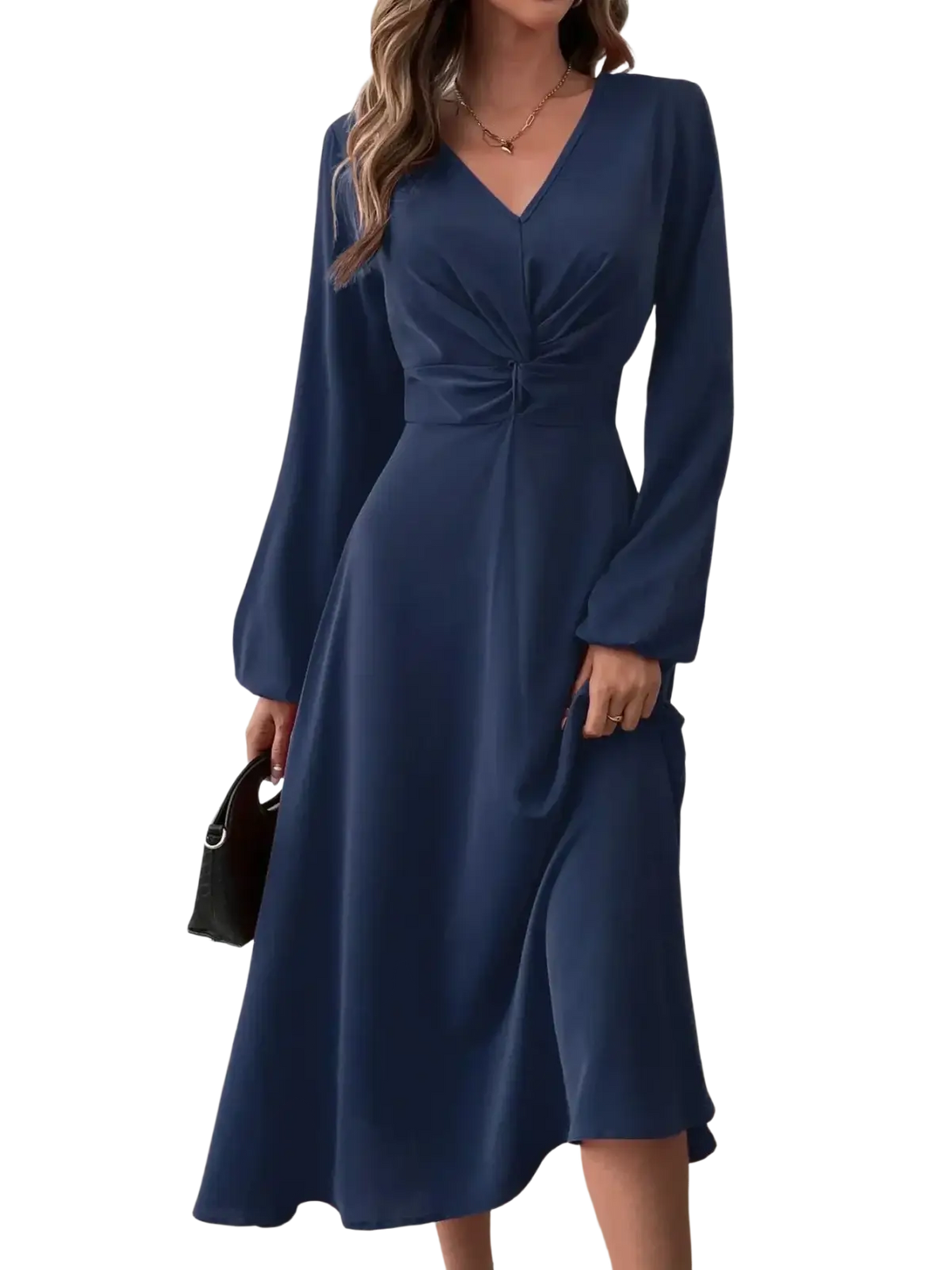 A navy blue French v-neck a-line midi dress with long sleeves and a gathered waist ideal for elegant occasions
