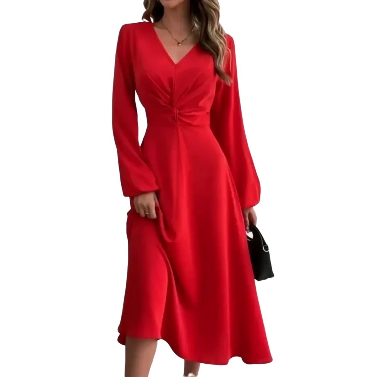 A vibrant red French v-neck a-line midi dress with long sleeves, a cinched waist, and a flowing skirt