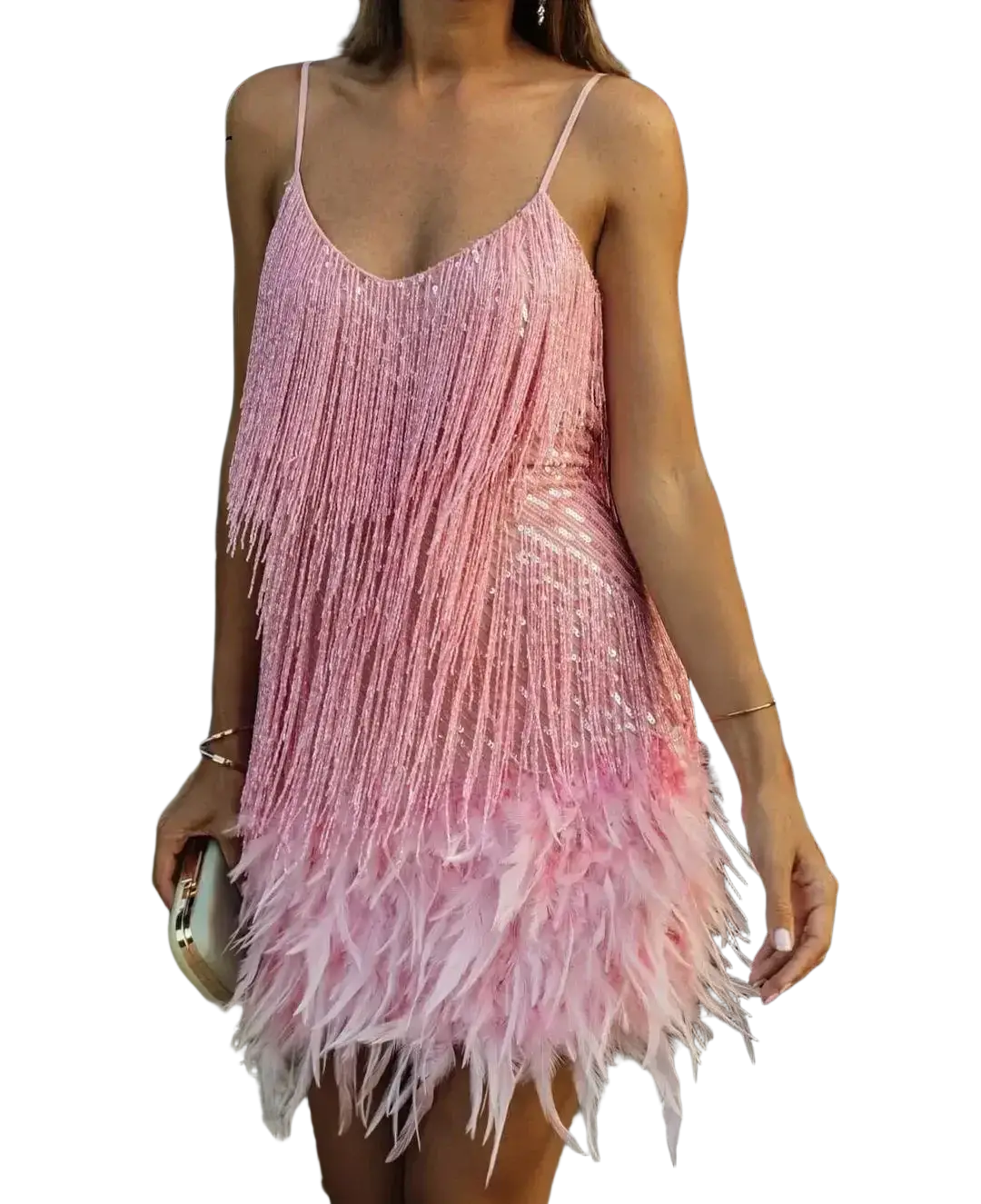 Fringe bodycon mini dress in pink with sequined straps and a feathered hemline for elegant occasions