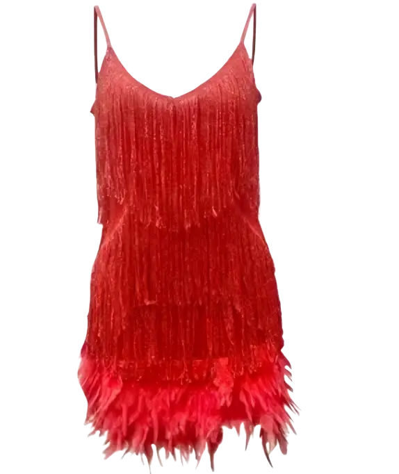 A vibrant red fringe bodycon mini dress with thin spaghetti straps and layered fringe detail